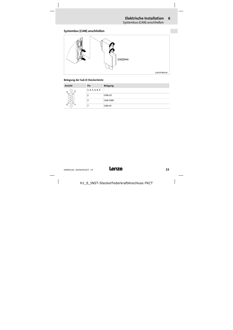 Systembus ( can) anschließen, Systembus (can) anschließen, Elektrische installation | Lenze EMF2181IB User Manual | Page 23 / 154