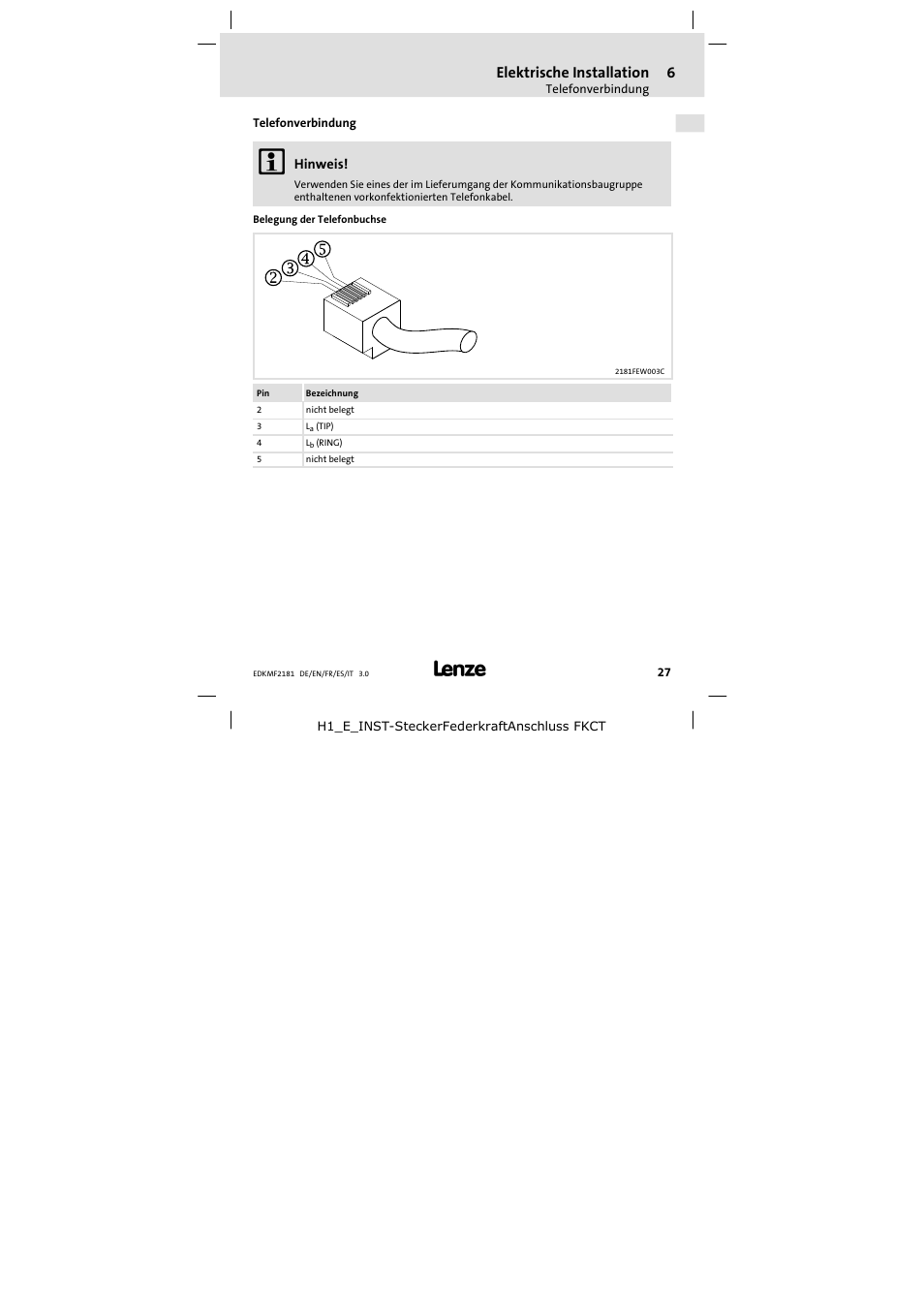 Telefonverbindung, Elektrische installation | Lenze EMF2181IB User Manual | Page 27 / 154
