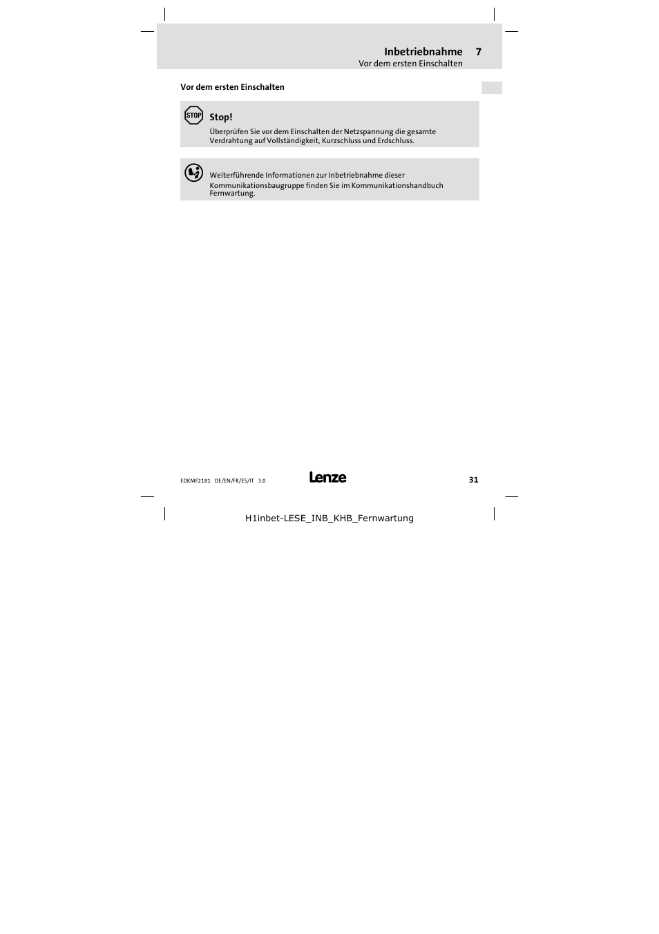 7 inbetriebnahme, Vor dem ersten einschalten, Inbetriebnahme | Lenze EMF2181IB User Manual | Page 31 / 154