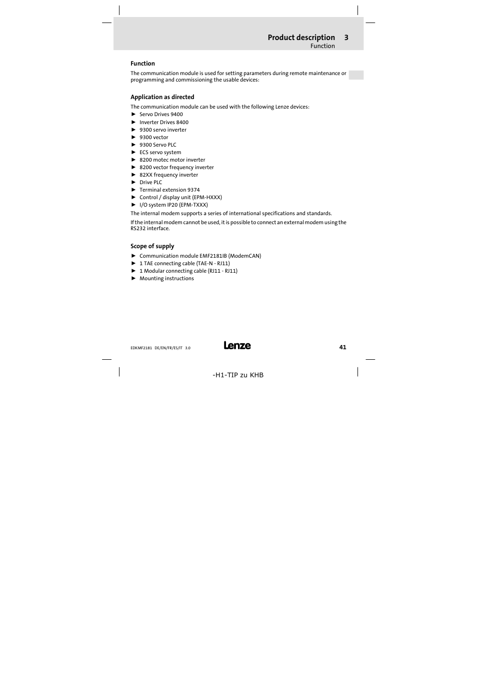 3 product description, Function, Application as directed | Scope of supply, Product description | Lenze EMF2181IB User Manual | Page 41 / 154