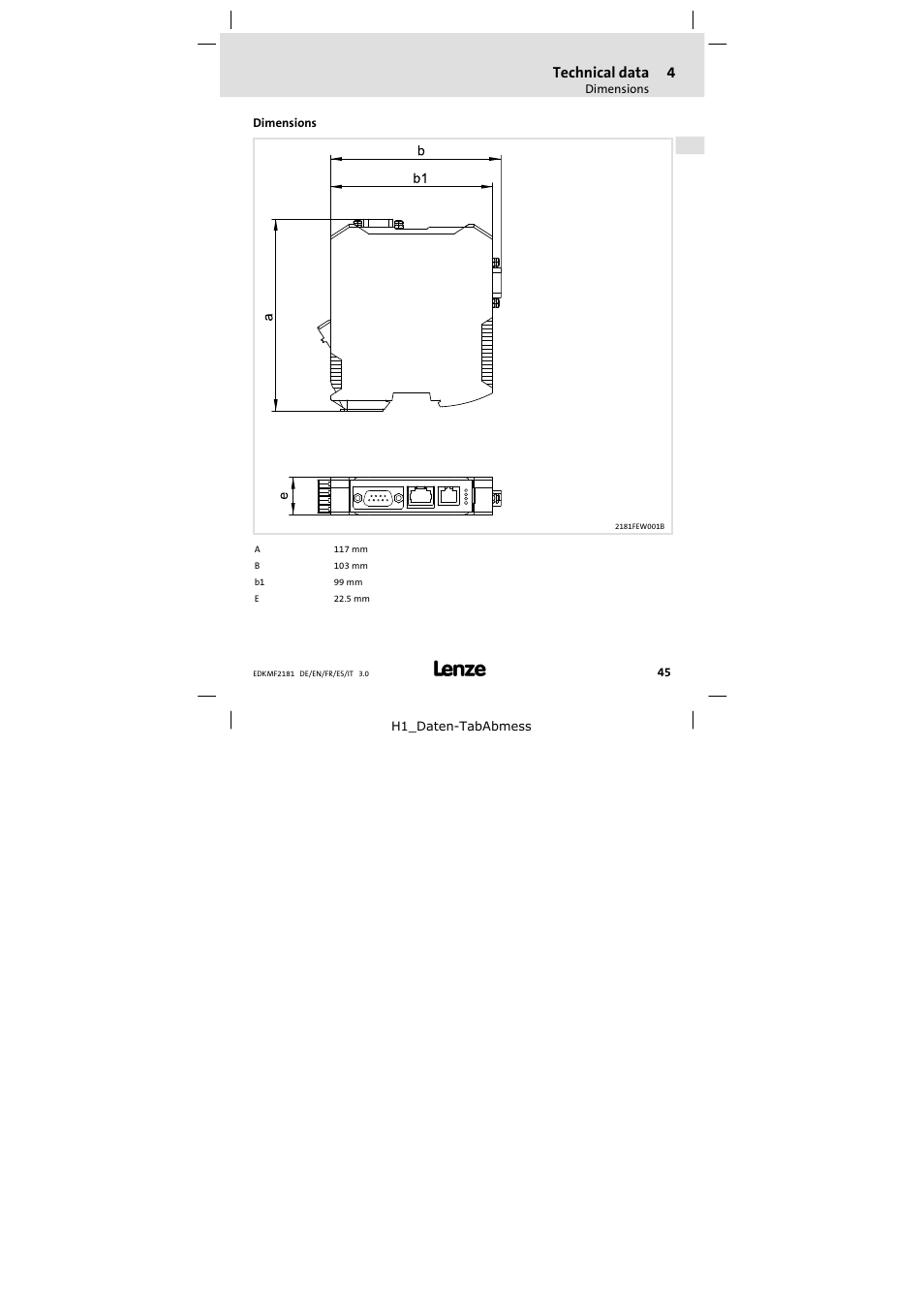 Dimensions, Technical data | Lenze EMF2181IB User Manual | Page 45 / 154