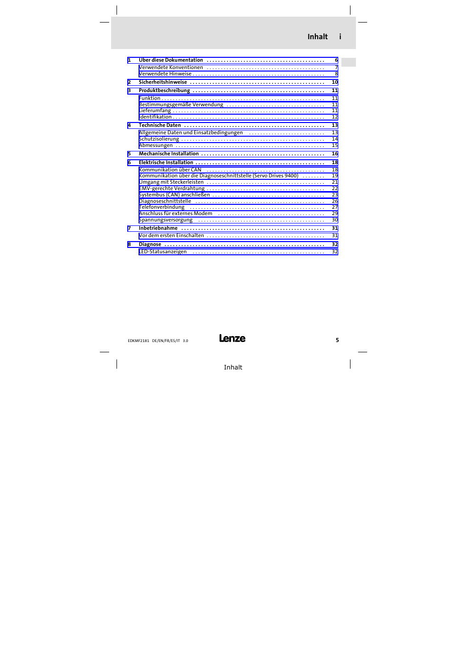 Inhalt, Inhalt i | Lenze EMF2181IB User Manual | Page 5 / 154