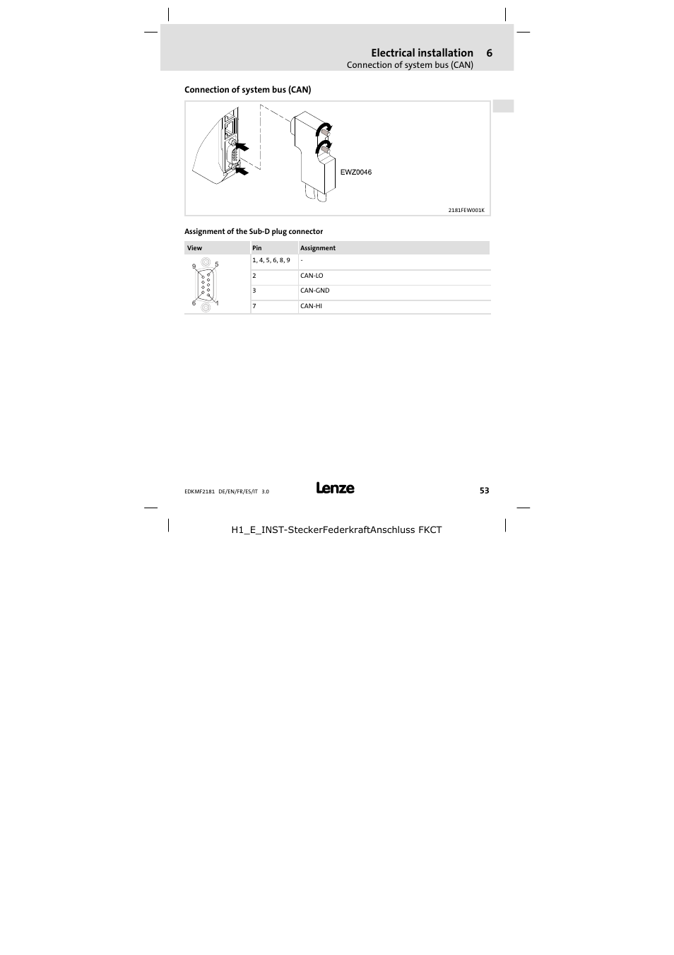 Connection of systembus ( can), Connection of system bus (can), Electrical installation | Lenze EMF2181IB User Manual | Page 53 / 154