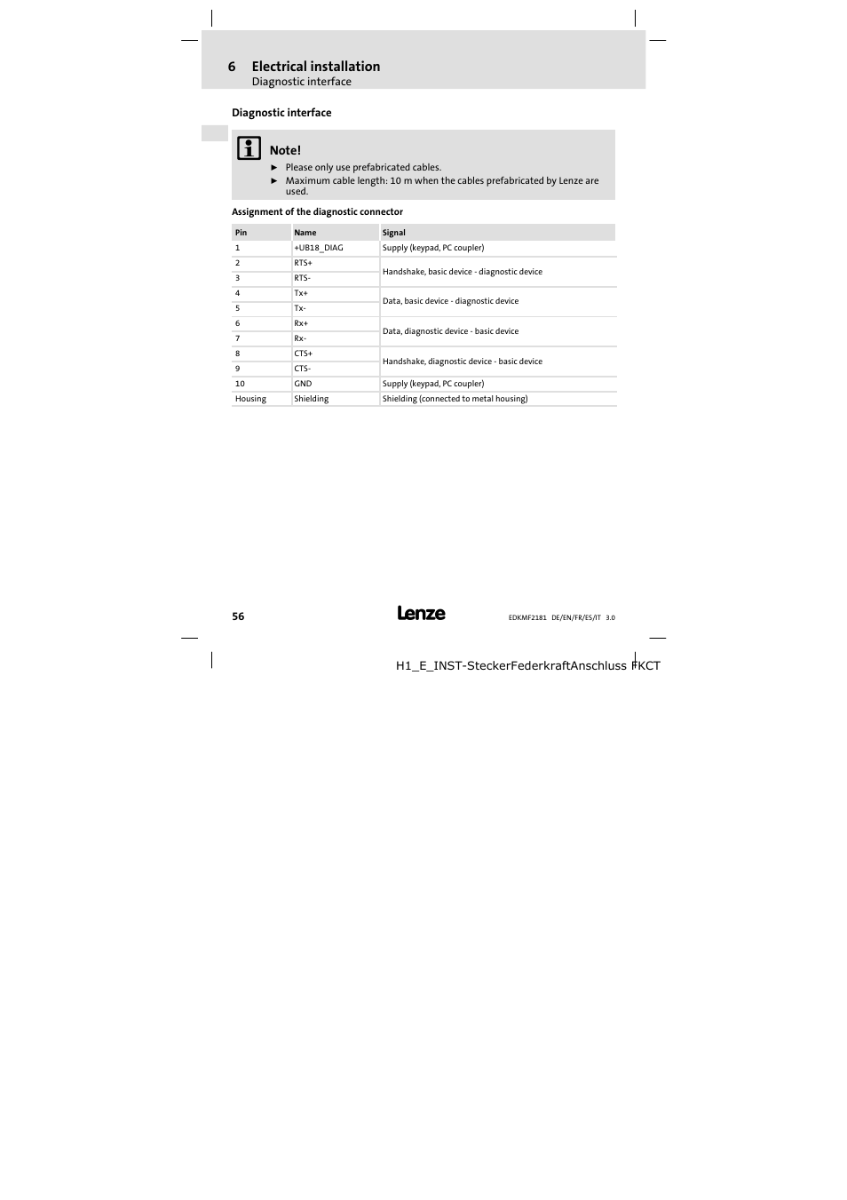 Diagnostic interface, 6electrical installation | Lenze EMF2181IB User Manual | Page 56 / 154