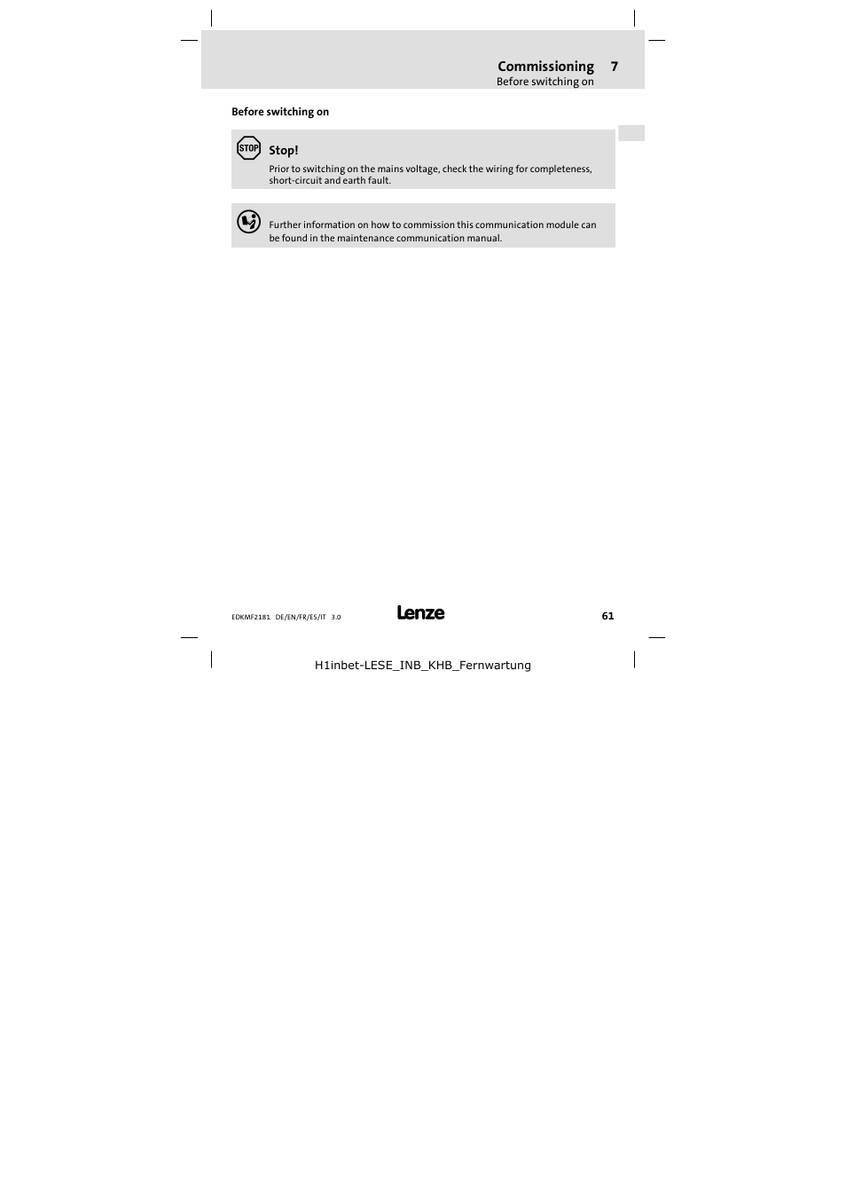 7 commissioning, Before switching on, Commissioning | Lenze EMF2181IB User Manual | Page 61 / 154
