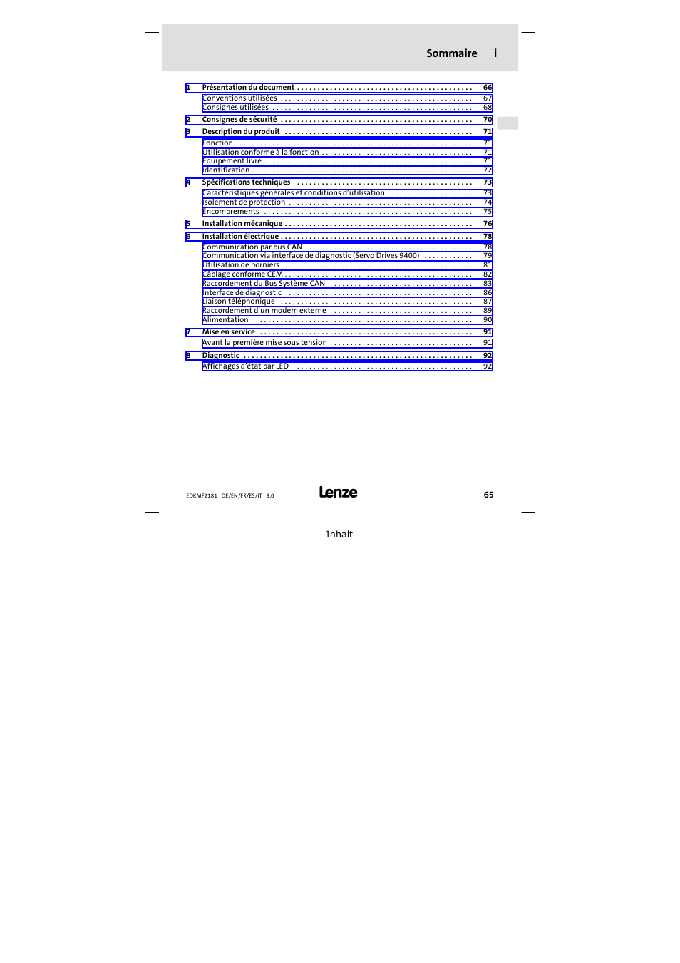 Sommaire, Sommaire i | Lenze EMF2181IB User Manual | Page 65 / 154