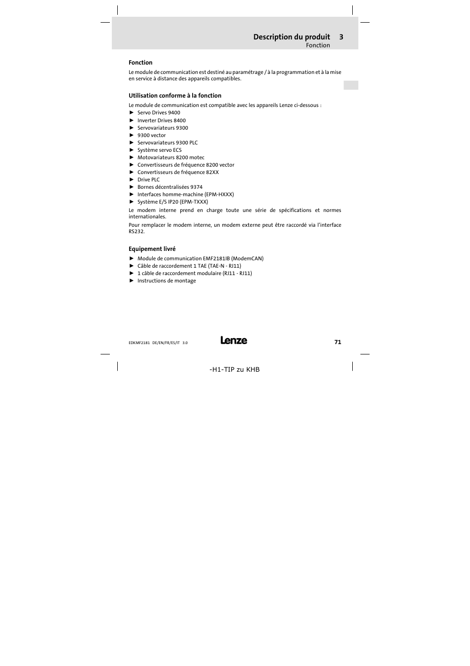3 description du produit, Fonction, Utilisation conforme à la fonction | Equipement livré, Description du produit | Lenze EMF2181IB User Manual | Page 71 / 154