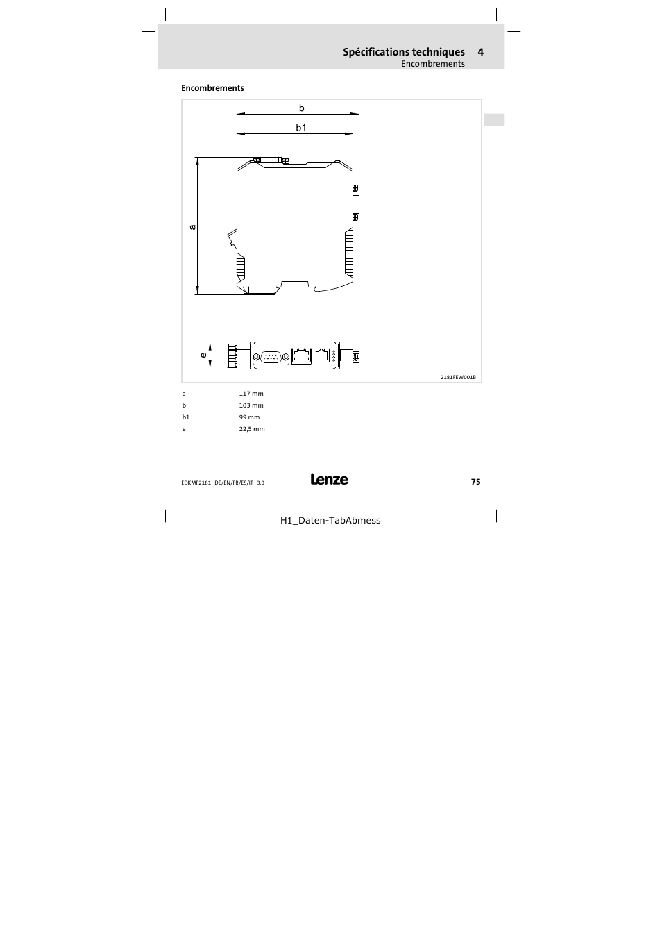 Encombrements, Spécifications techniques | Lenze EMF2181IB User Manual | Page 75 / 154