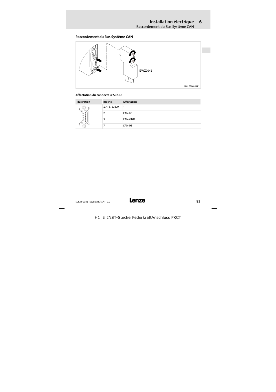 Raccordement du bus système can, Installation électrique | Lenze EMF2181IB User Manual | Page 83 / 154