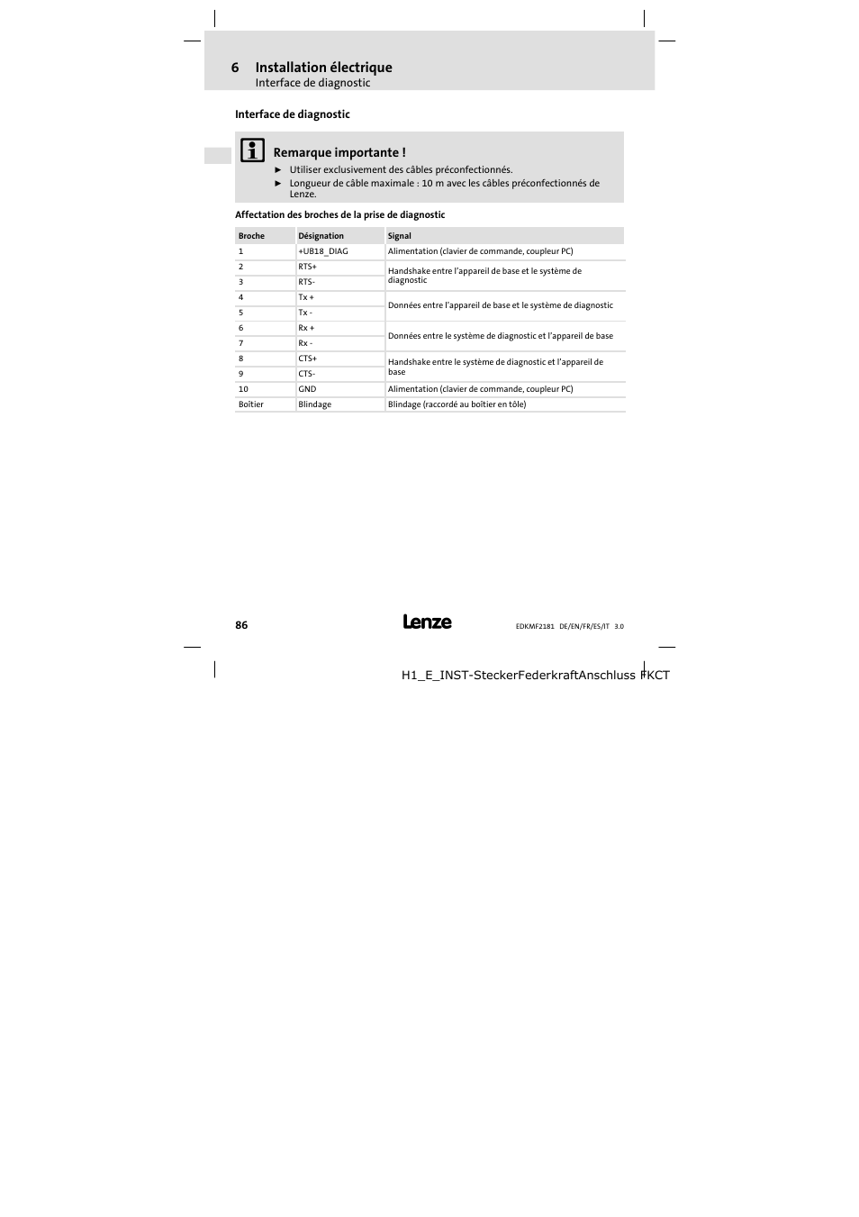 Interface de diagnostic, 6installation électrique, Remarque importante | Lenze EMF2181IB User Manual | Page 86 / 154