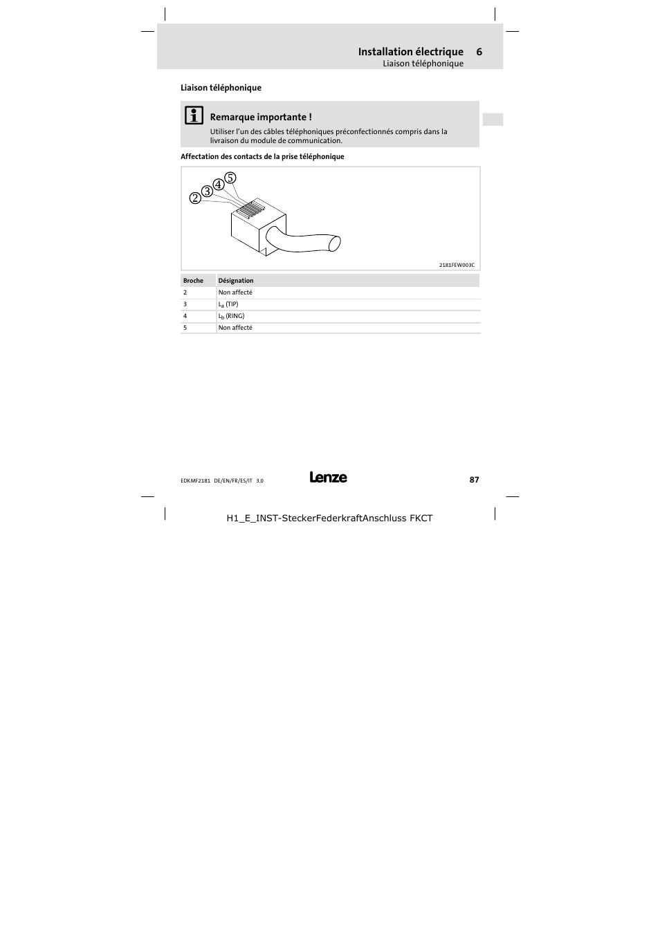 Liaison téléphonique, Installation électrique | Lenze EMF2181IB User Manual | Page 87 / 154