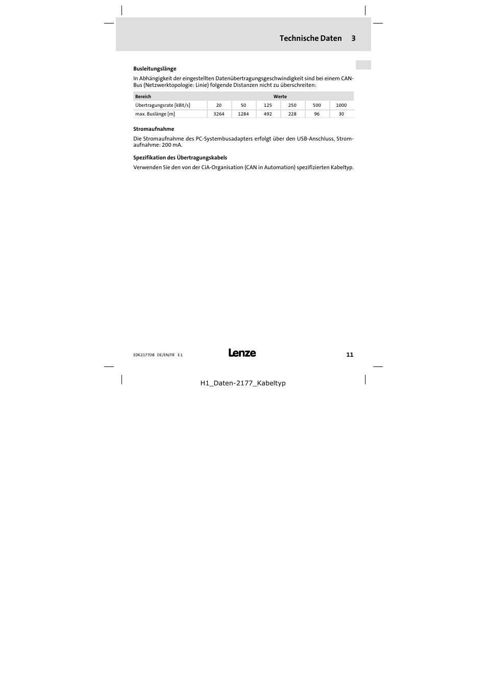 3 technische daten, Technische daten, Technische daten 3 | Lenze EMF2177IB User Manual | Page 11 / 28