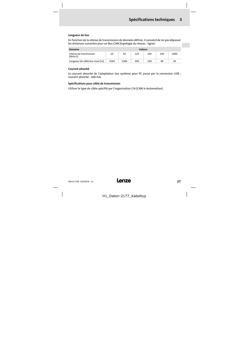 3 spécifications techniques, Spécifications techniques, Spécifications techniques 3 | Lenze EMF2177IB User Manual | Page 27 / 28