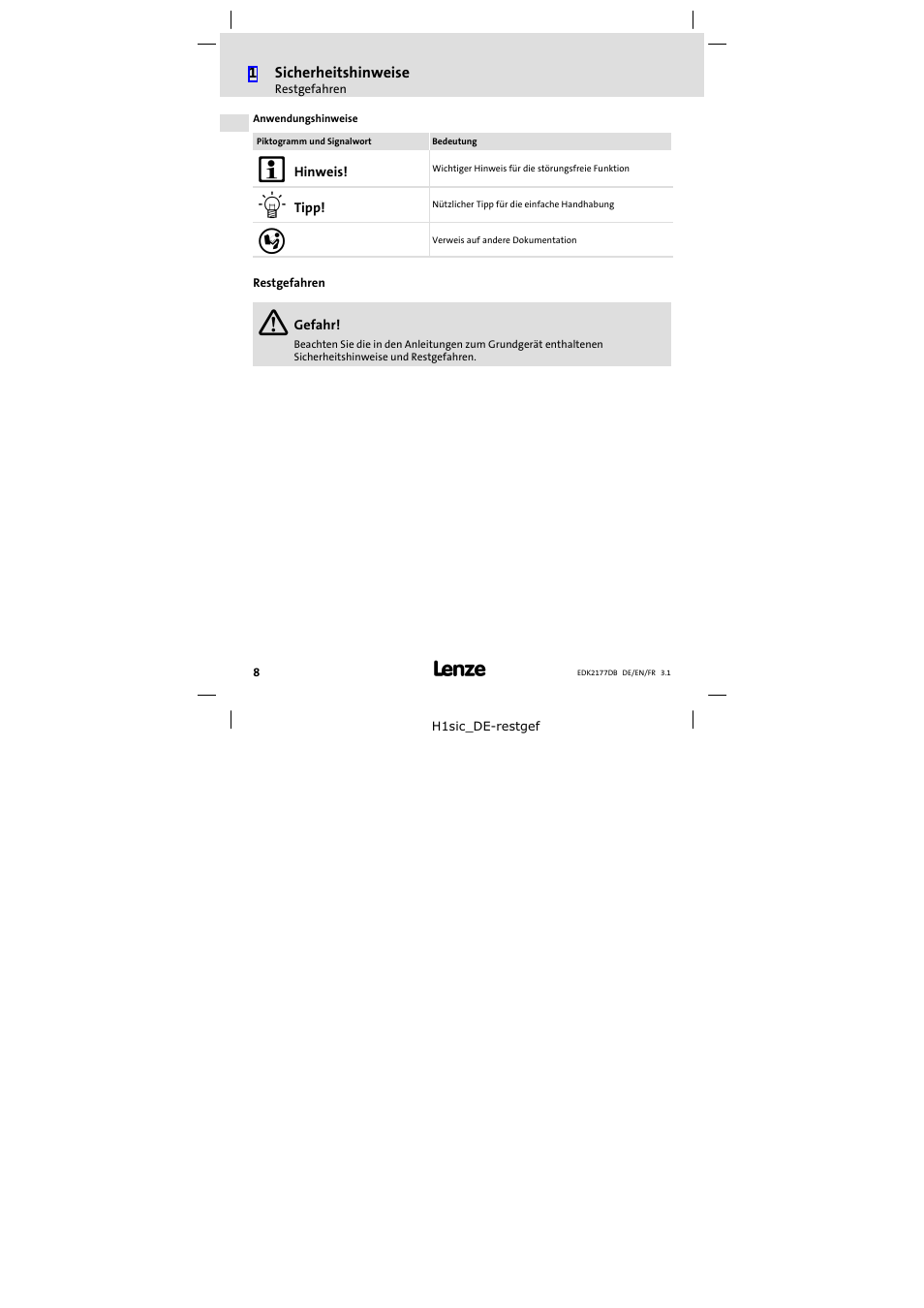 Restgefahren | Lenze EMF2177IB User Manual | Page 8 / 28