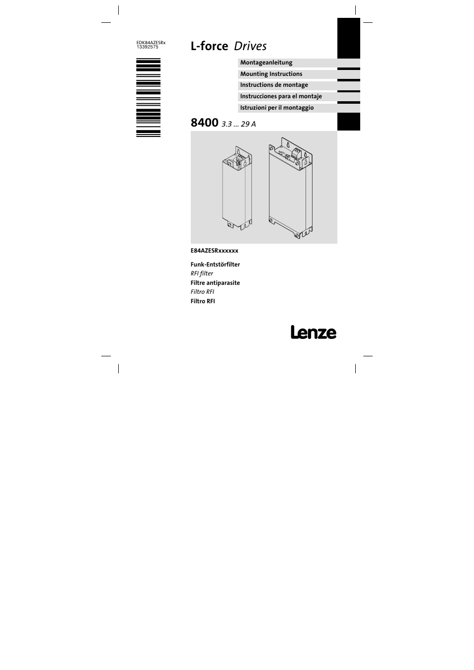 Lenze E84AZESR RFI filter 3-29A User Manual | 154 pages