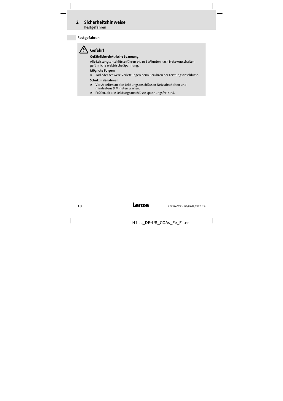 2 sicherheitshinweise, Restgefahren, Sicherheitshinweise | 2sicherheitshinweise | Lenze E84AZESR RFI filter 3-29A User Manual | Page 10 / 154