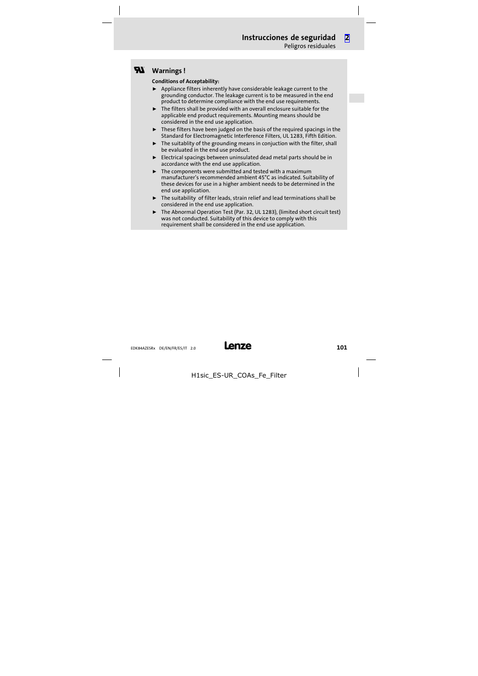 Instrucciones de seguridad | Lenze E84AZESR RFI filter 3-29A User Manual | Page 101 / 154