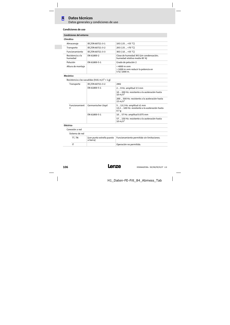 4datos técnicos | Lenze E84AZESR RFI filter 3-29A User Manual | Page 106 / 154