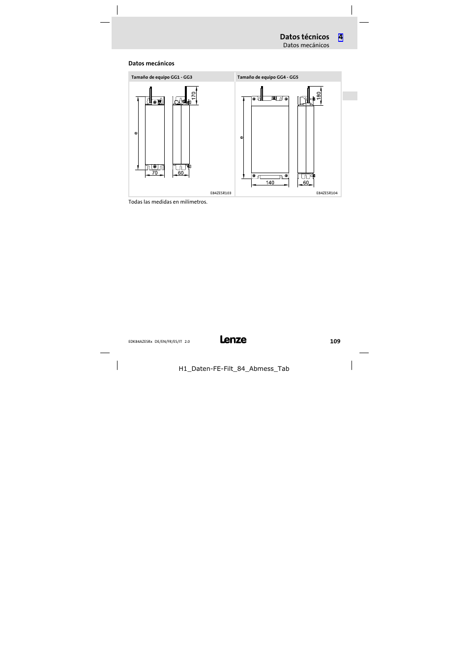 Datos mecánicos, Datos técnicos | Lenze E84AZESR RFI filter 3-29A User Manual | Page 109 / 154