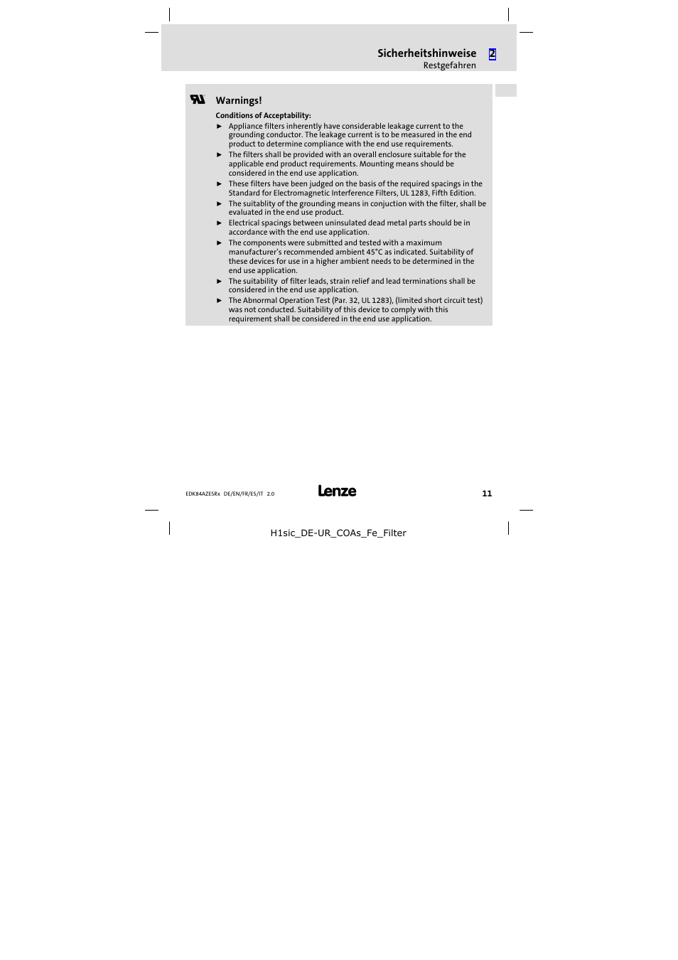 Sicherheitshinweise | Lenze E84AZESR RFI filter 3-29A User Manual | Page 11 / 154