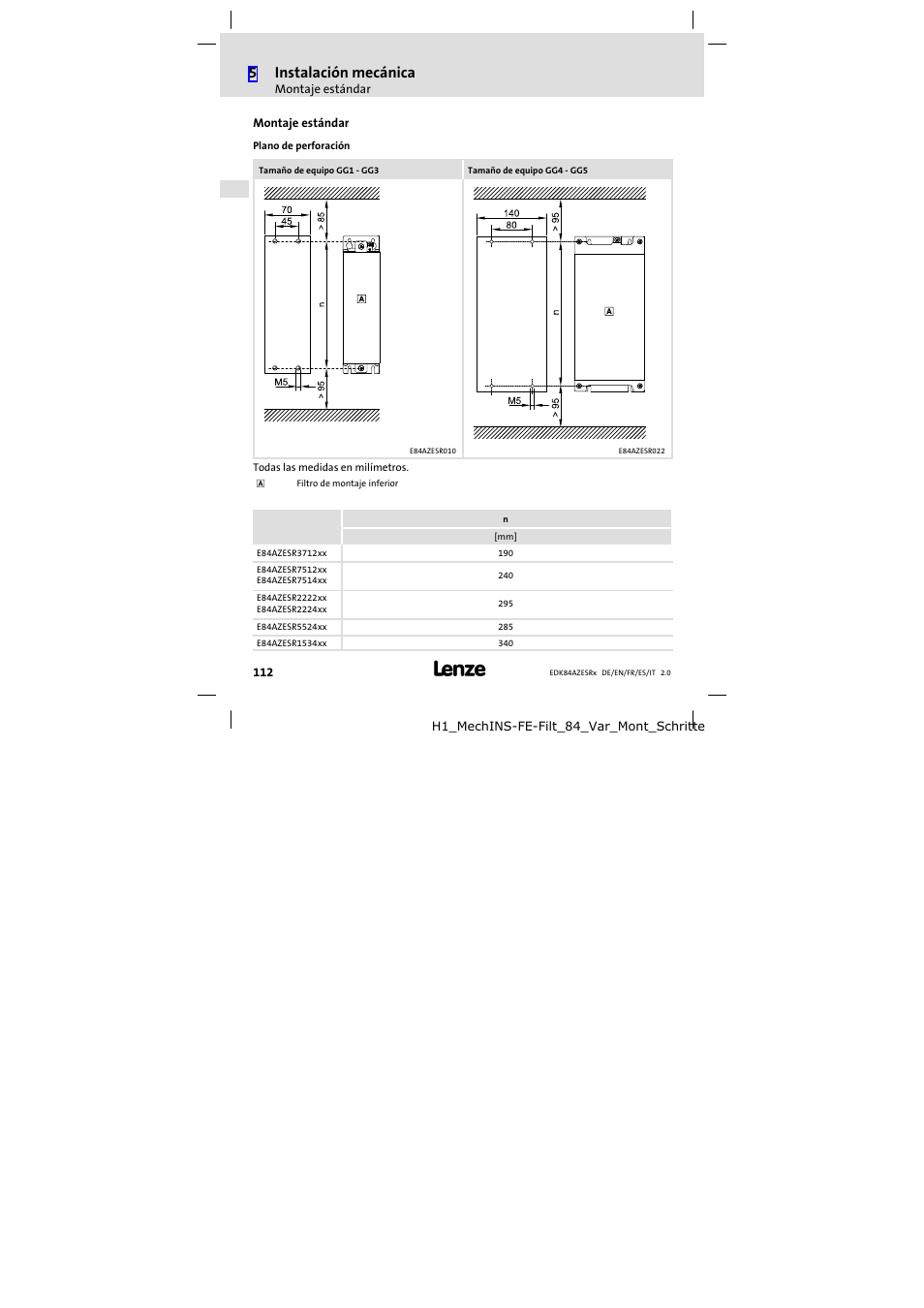 Montaje estándar, Plano de perforación, 5instalación mecánica | Lenze E84AZESR RFI filter 3-29A User Manual | Page 112 / 154