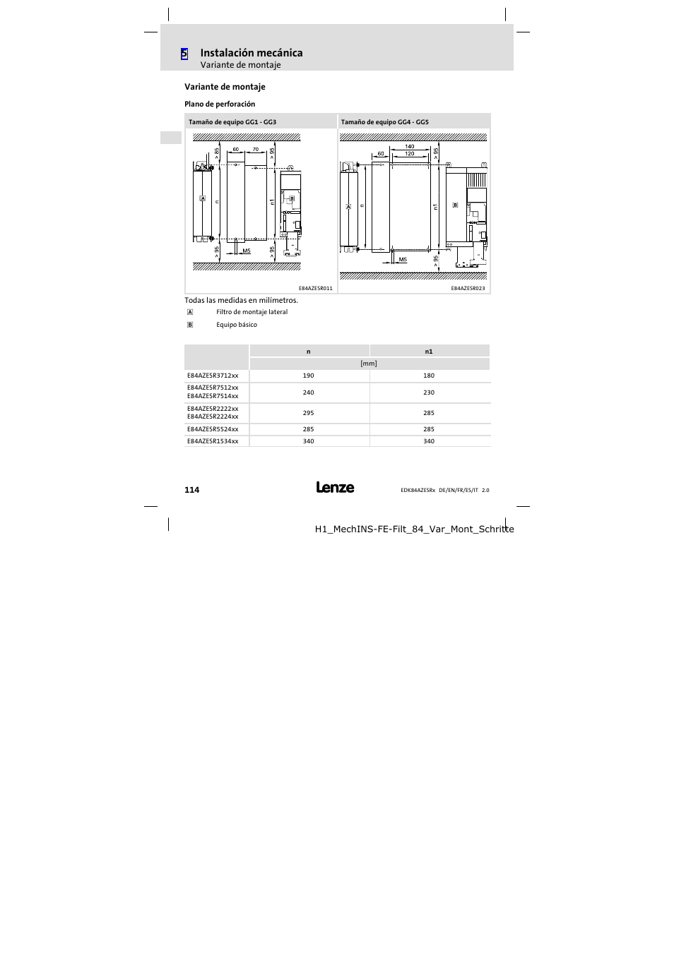 Variante de montaje, Plano de perforación, 5instalación mecánica | Lenze E84AZESR RFI filter 3-29A User Manual | Page 114 / 154