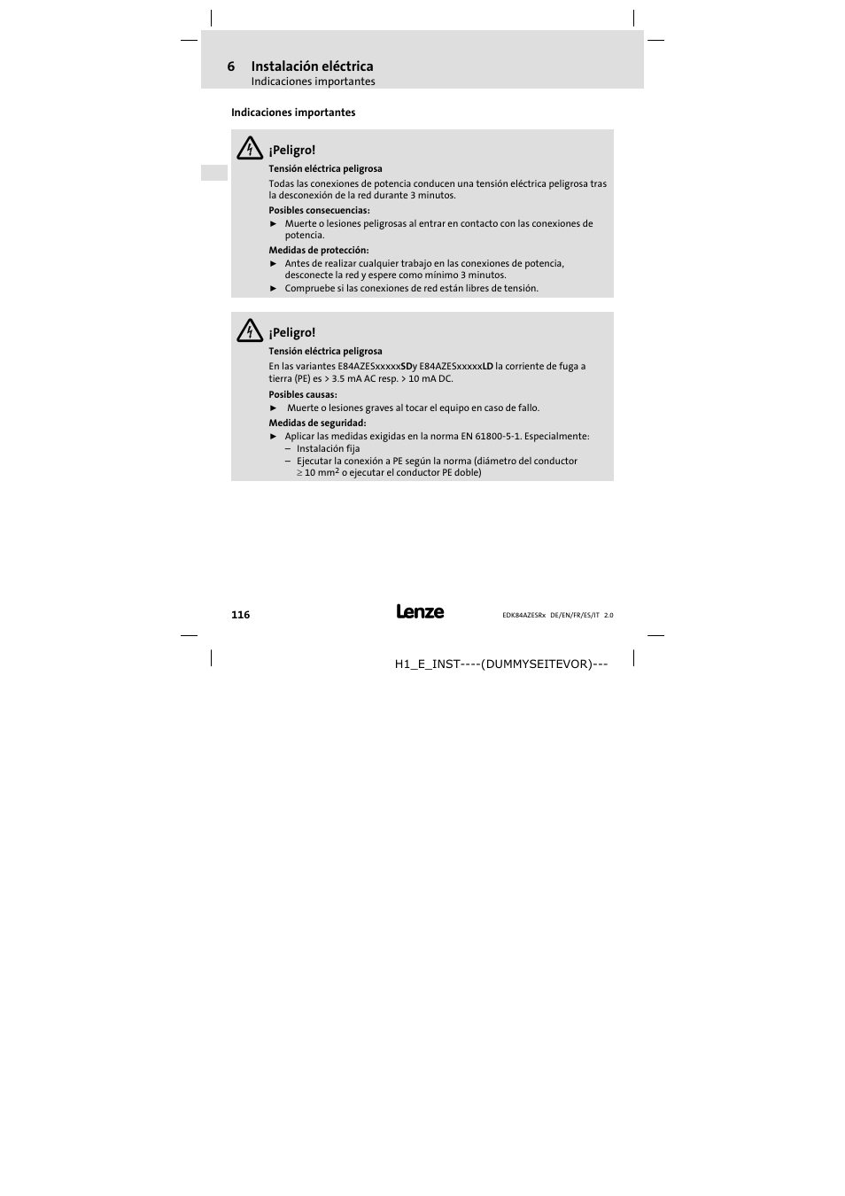 6 instalación eléctrica, Indicaciones importantes, Instalación eléctrica | 6instalación eléctrica | Lenze E84AZESR RFI filter 3-29A User Manual | Page 116 / 154