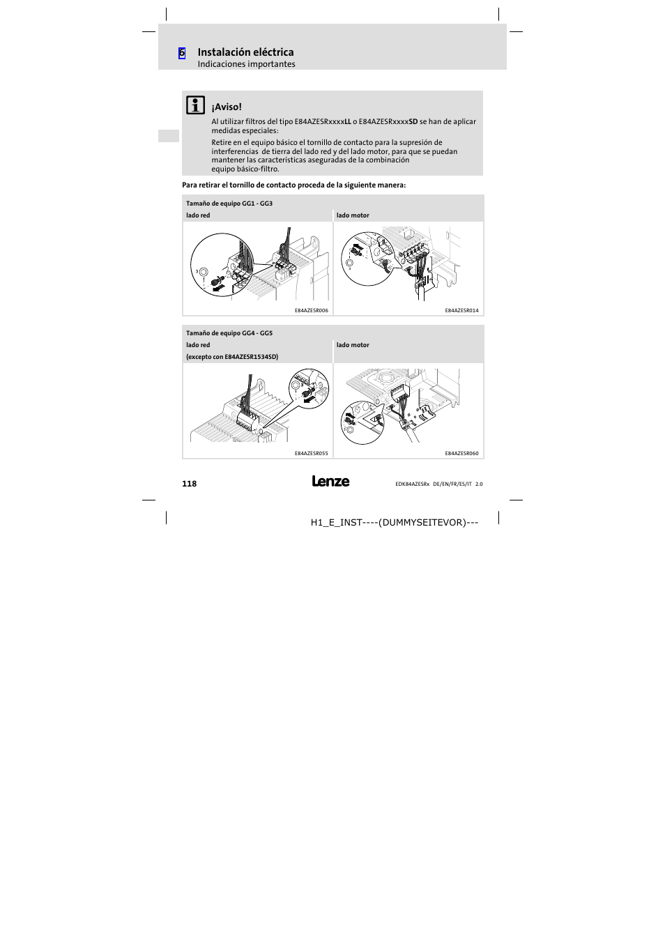 6instalación eléctrica | Lenze E84AZESR RFI filter 3-29A User Manual | Page 118 / 154