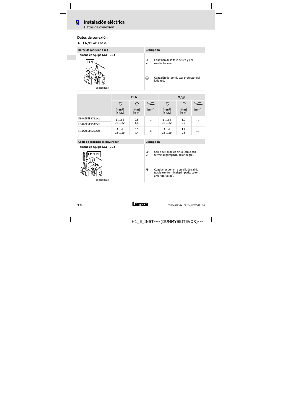 Datos de conexión, 6instalación eléctrica | Lenze E84AZESR RFI filter 3-29A User Manual | Page 120 / 154