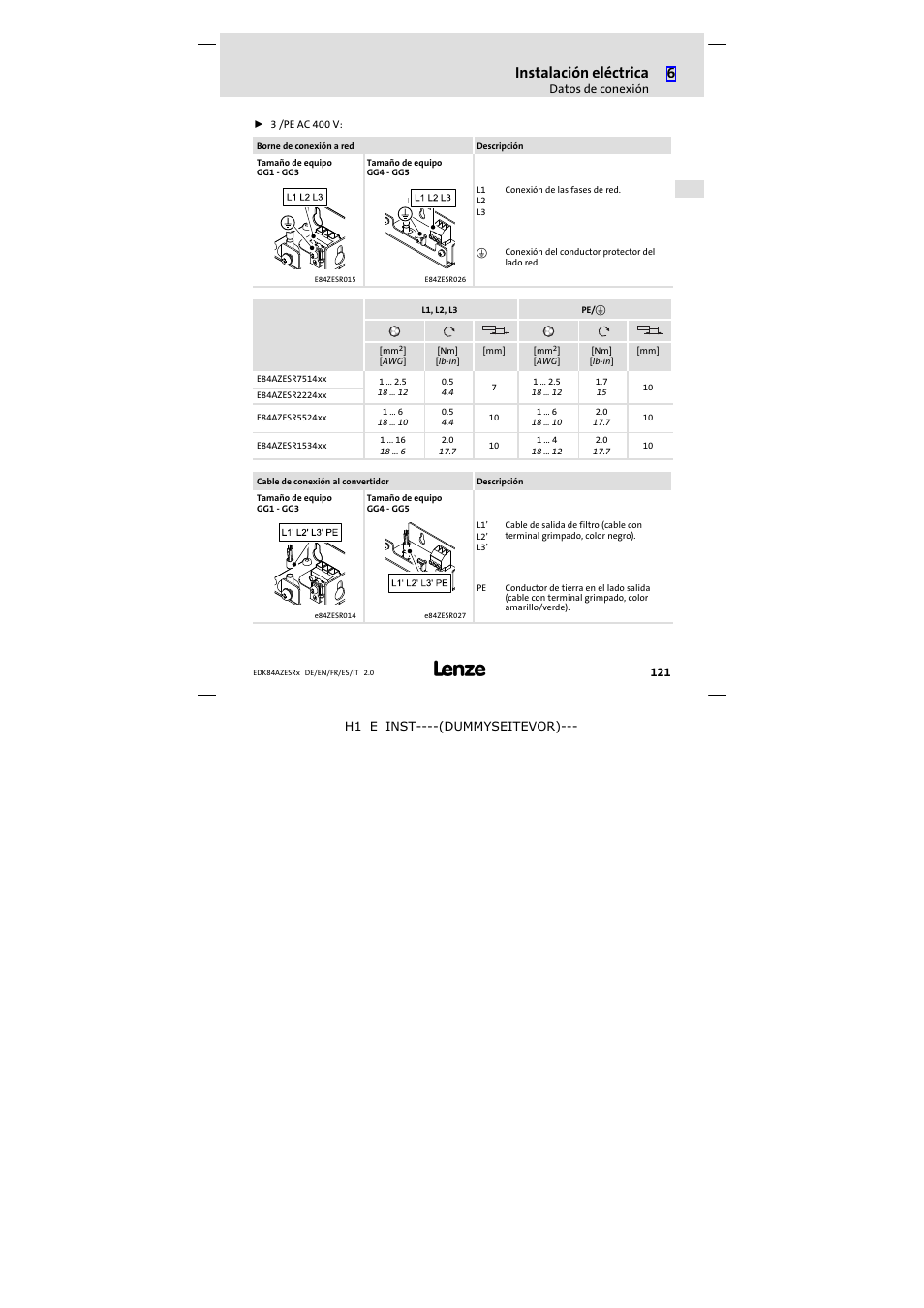 Instalación eléctrica | Lenze E84AZESR RFI filter 3-29A User Manual | Page 121 / 154