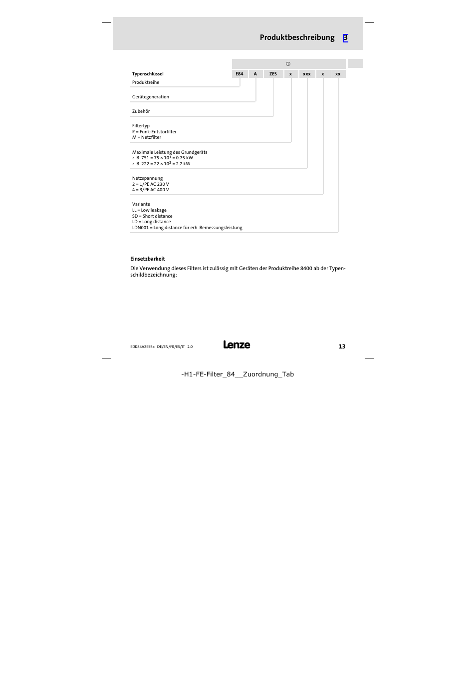 Produktbeschreibung 3 | Lenze E84AZESR RFI filter 3-29A User Manual | Page 13 / 154