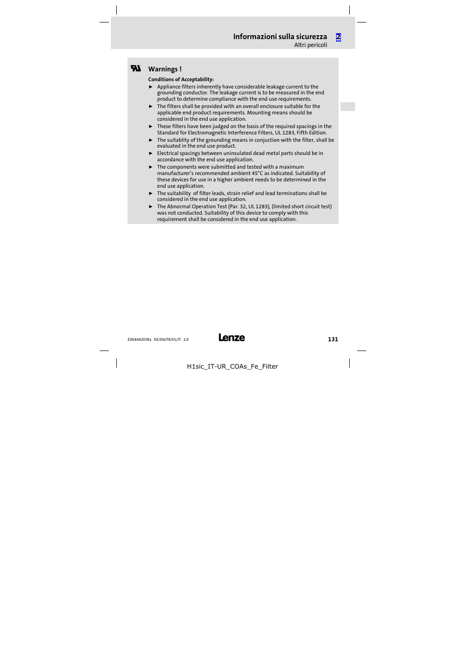 Informazioni sulla sicurezza | Lenze E84AZESR RFI filter 3-29A User Manual | Page 131 / 154