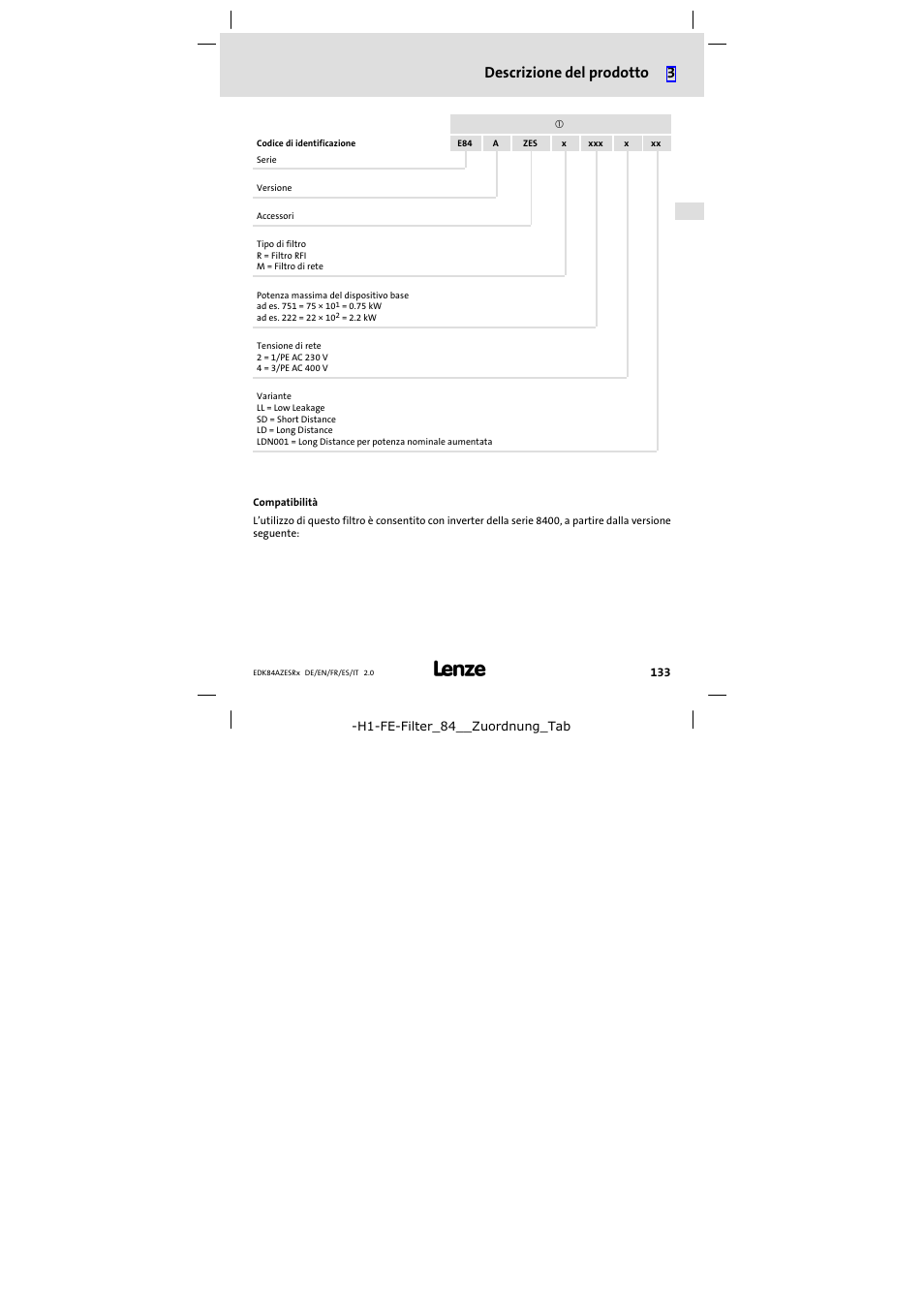 Descrizione del prodotto 3 | Lenze E84AZESR RFI filter 3-29A User Manual | Page 133 / 154