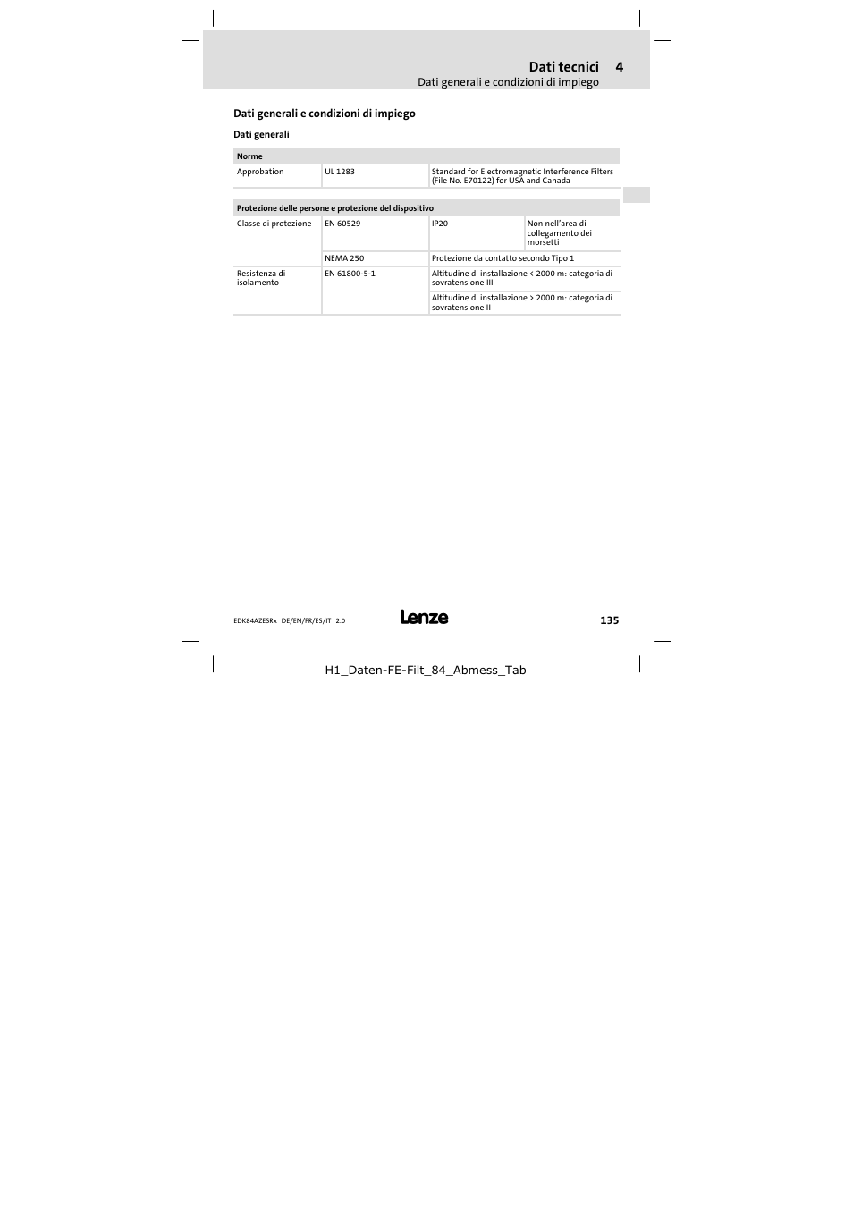 4 dati tecnici, Dati generali e condizioni di impiego, Dati tecnici | Lenze E84AZESR RFI filter 3-29A User Manual | Page 135 / 154