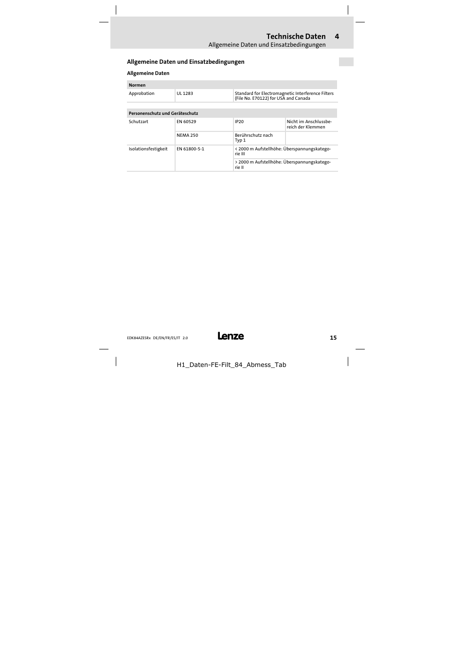 4 technische daten, Allgemeine daten und einsatzbedingungen, Technische daten | Lenze E84AZESR RFI filter 3-29A User Manual | Page 15 / 154