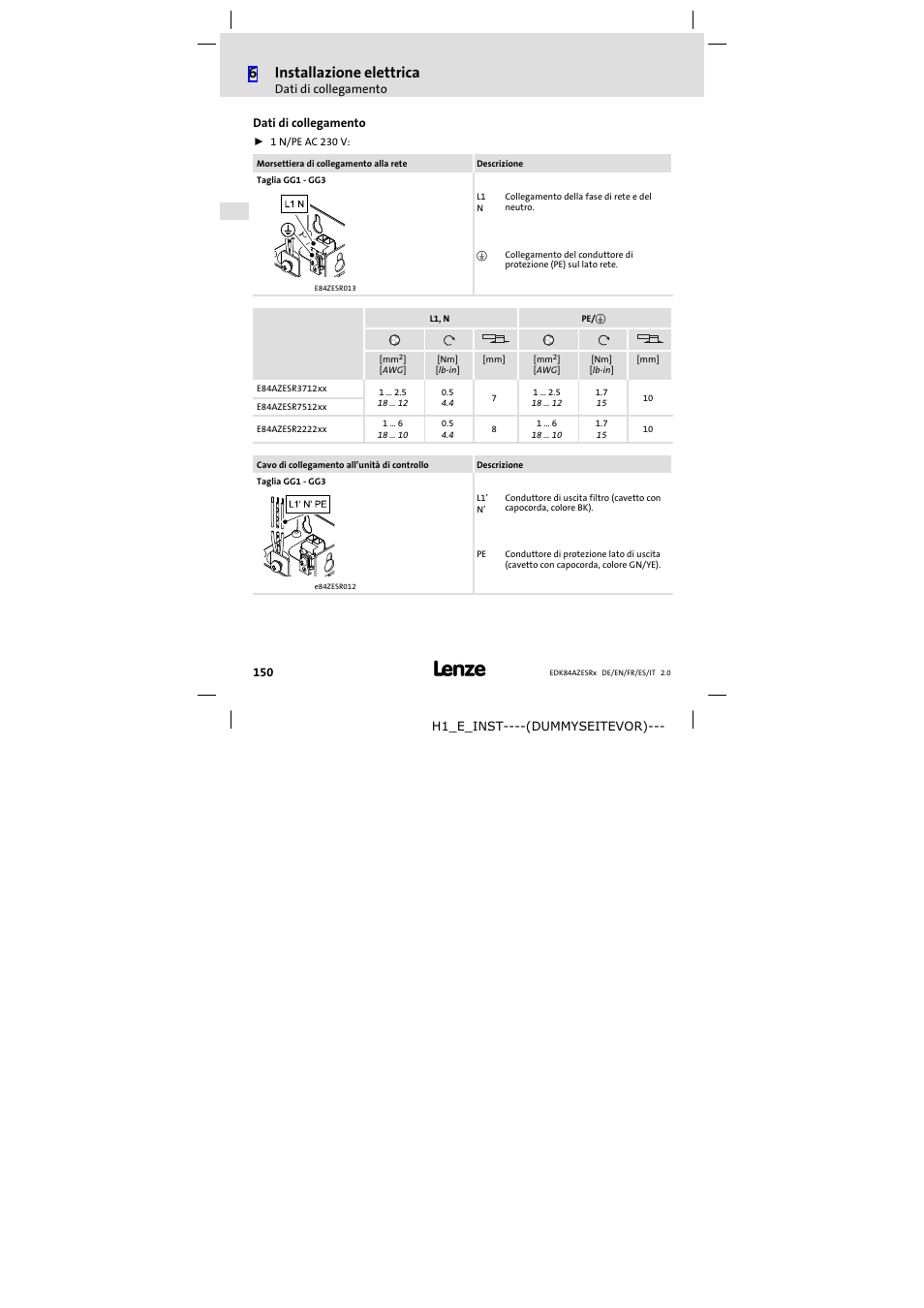 Dati di collegamento, 6installazione elettrica | Lenze E84AZESR RFI filter 3-29A User Manual | Page 150 / 154