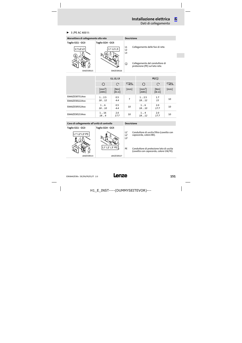 Installazione elettrica | Lenze E84AZESR RFI filter 3-29A User Manual | Page 151 / 154