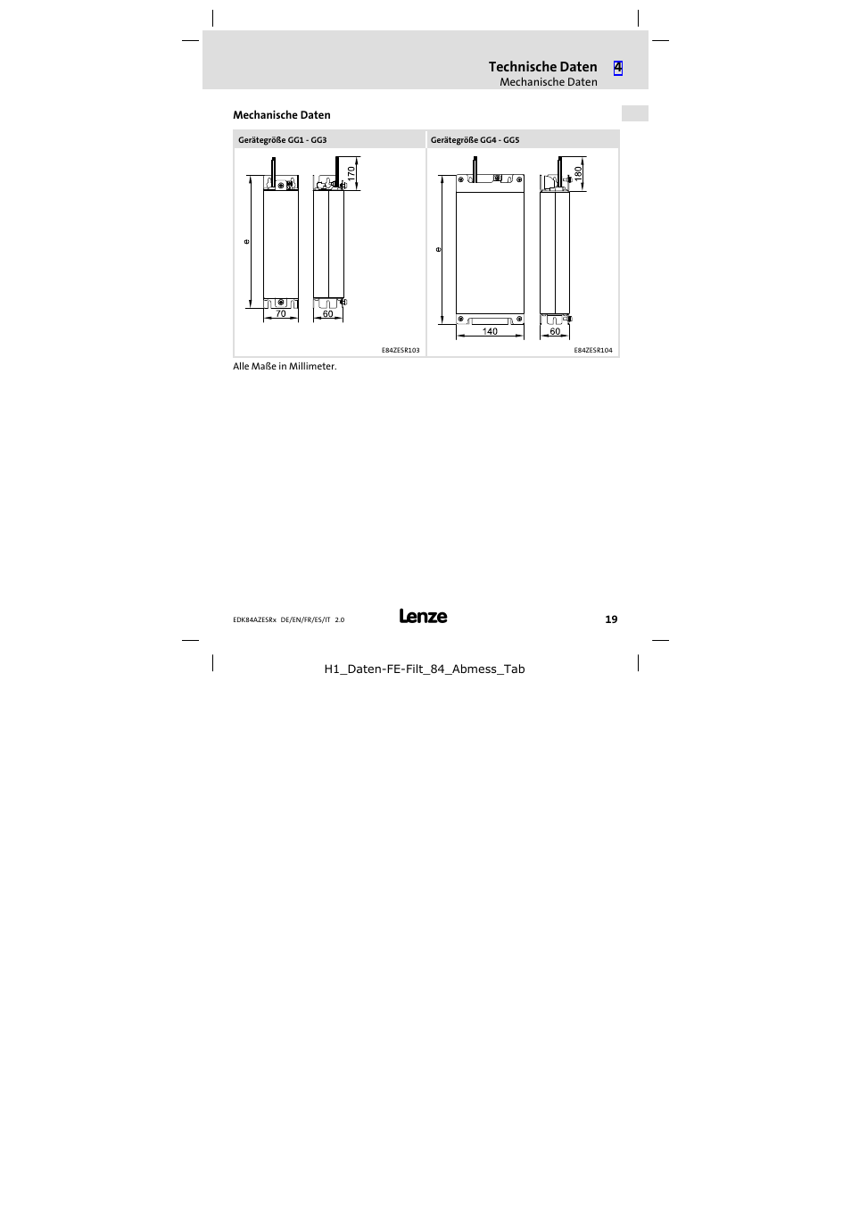 Mechanische daten, Technische daten | Lenze E84AZESR RFI filter 3-29A User Manual | Page 19 / 154