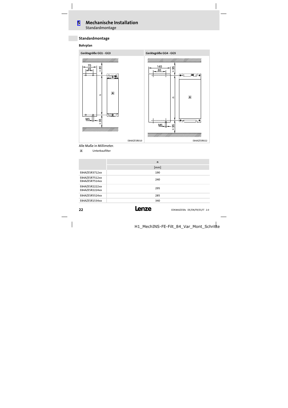Standardmontage, Bohrplan, Standardmontage 22 | 5mechanische installation | Lenze E84AZESR RFI filter 3-29A User Manual | Page 22 / 154