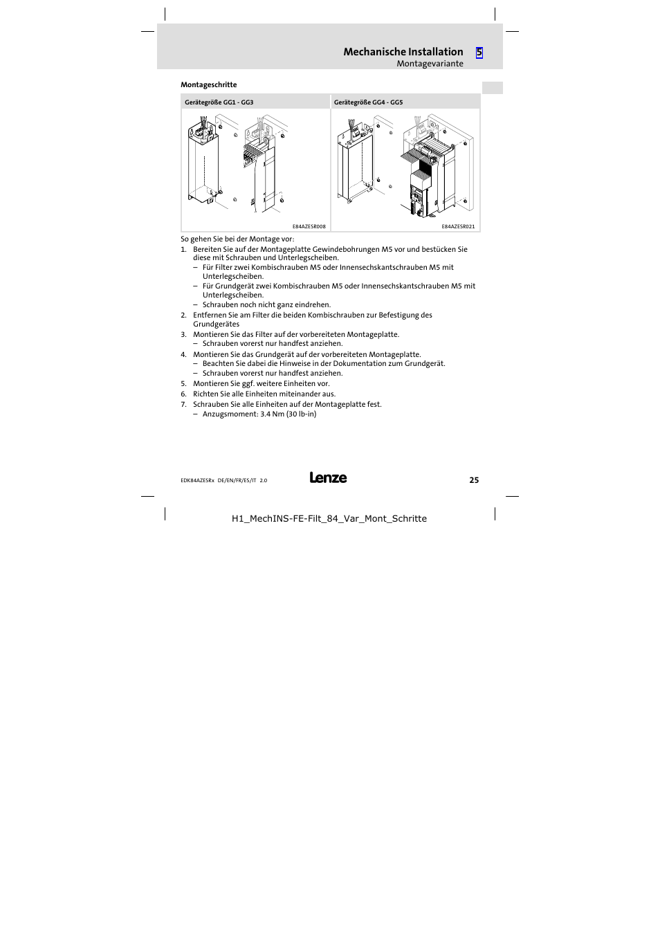 Montageschritte, Mechanische installation | Lenze E84AZESR RFI filter 3-29A User Manual | Page 25 / 154