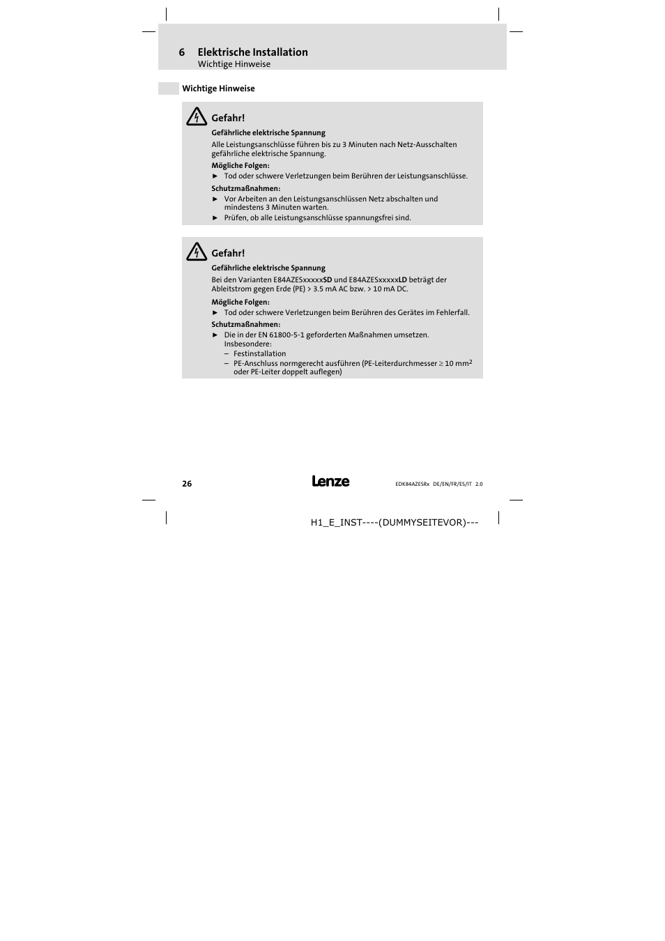 6 elektrische installation, Wichtige hinweise, Elektrische installation | 6elektrische installation | Lenze E84AZESR RFI filter 3-29A User Manual | Page 26 / 154