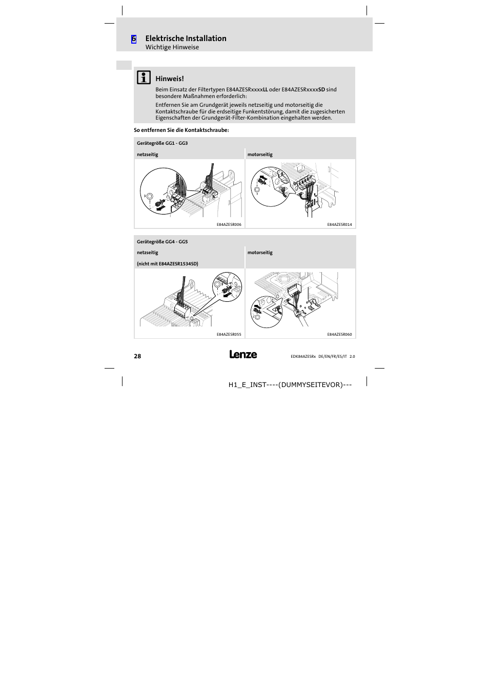 6elektrische installation | Lenze E84AZESR RFI filter 3-29A User Manual | Page 28 / 154