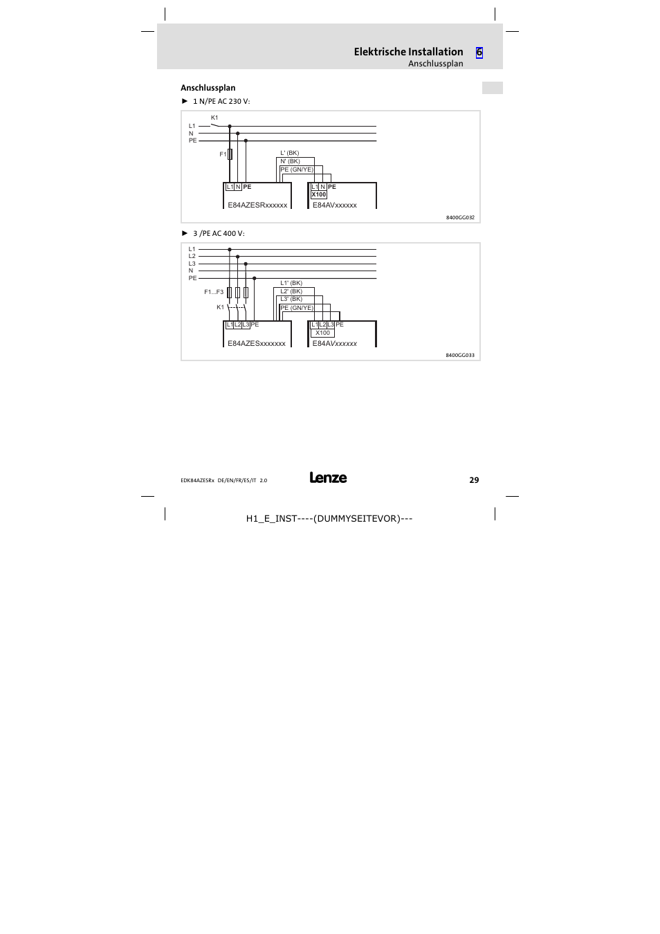 Anschlussplan, Elektrische installation | Lenze E84AZESR RFI filter 3-29A User Manual | Page 29 / 154