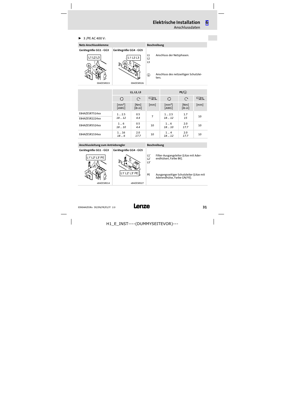 Elektrische installation | Lenze E84AZESR RFI filter 3-29A User Manual | Page 31 / 154