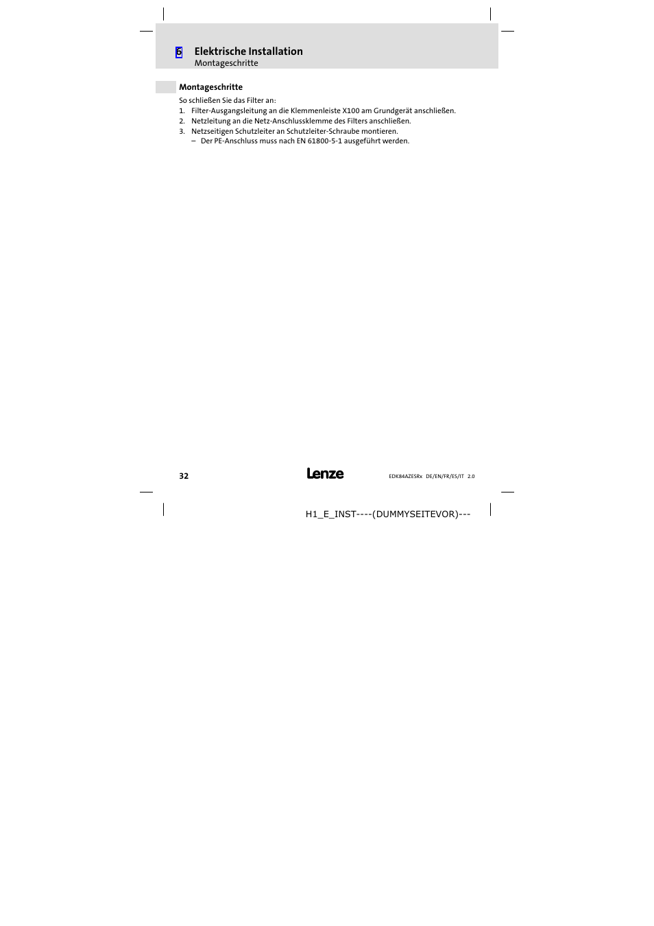 Montageschritte, 6elektrische installation | Lenze E84AZESR RFI filter 3-29A User Manual | Page 32 / 154