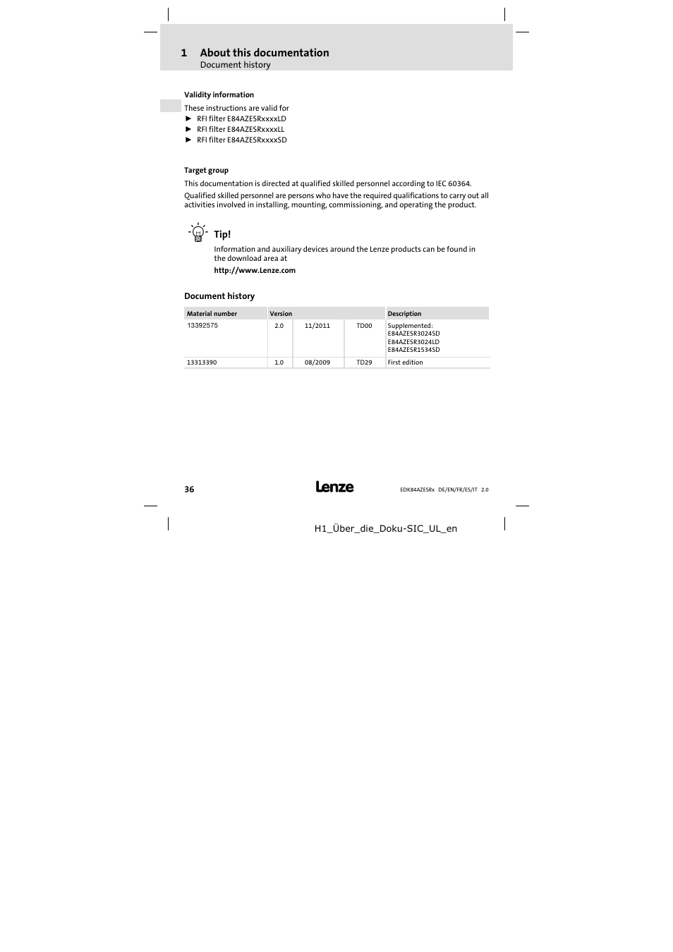 1 about this documentation, Document history, About this documentation | 1about this documentation | Lenze E84AZESR RFI filter 3-29A User Manual | Page 36 / 154