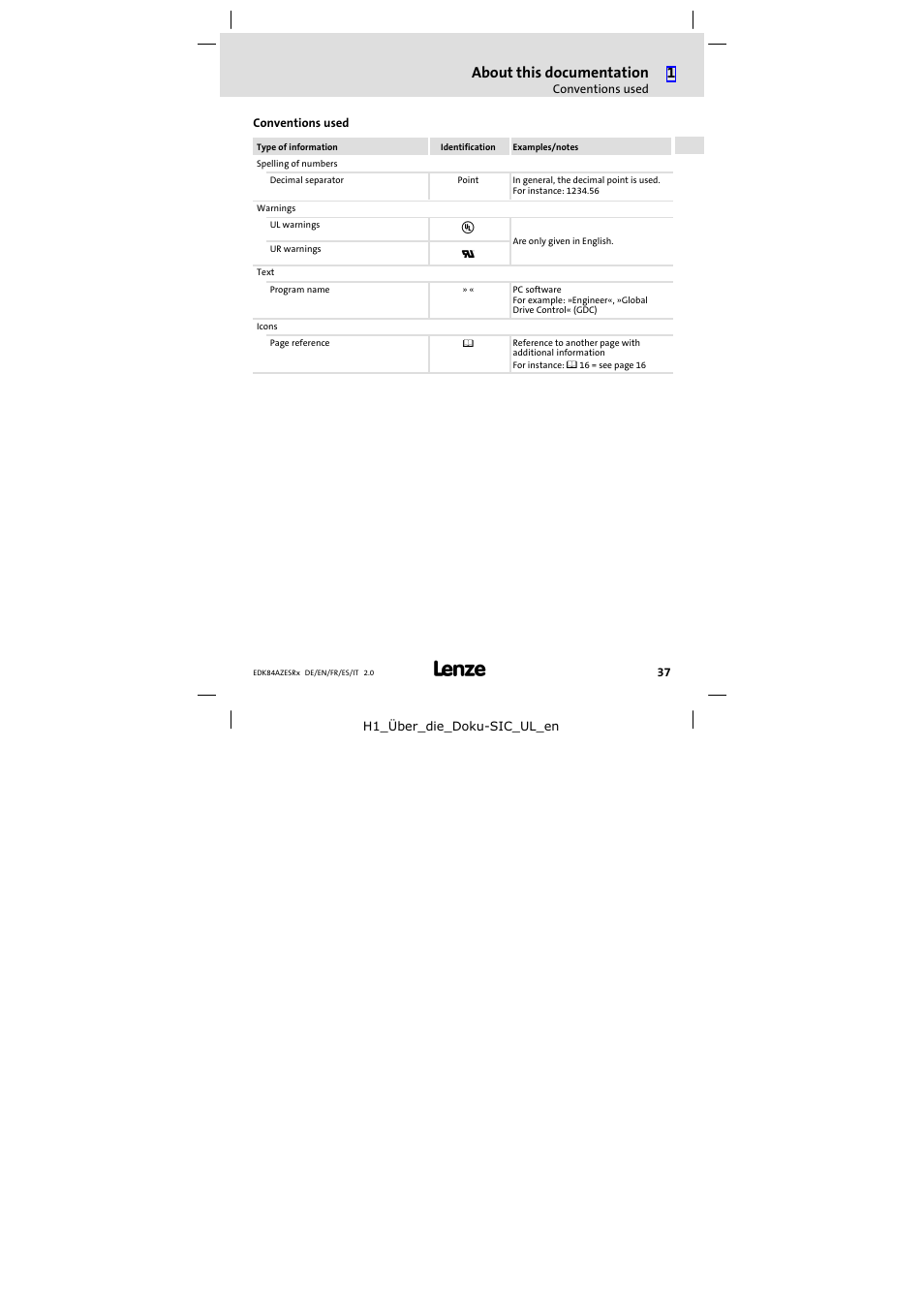 Conventions used, About this documentation | Lenze E84AZESR RFI filter 3-29A User Manual | Page 37 / 154