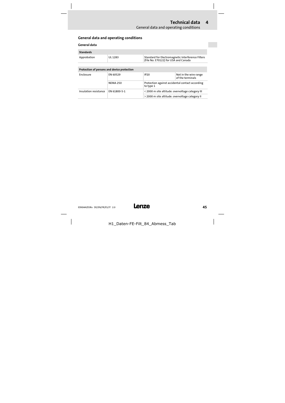 4 technical data, General data and operating conditions, Technical data | Lenze E84AZESR RFI filter 3-29A User Manual | Page 45 / 154