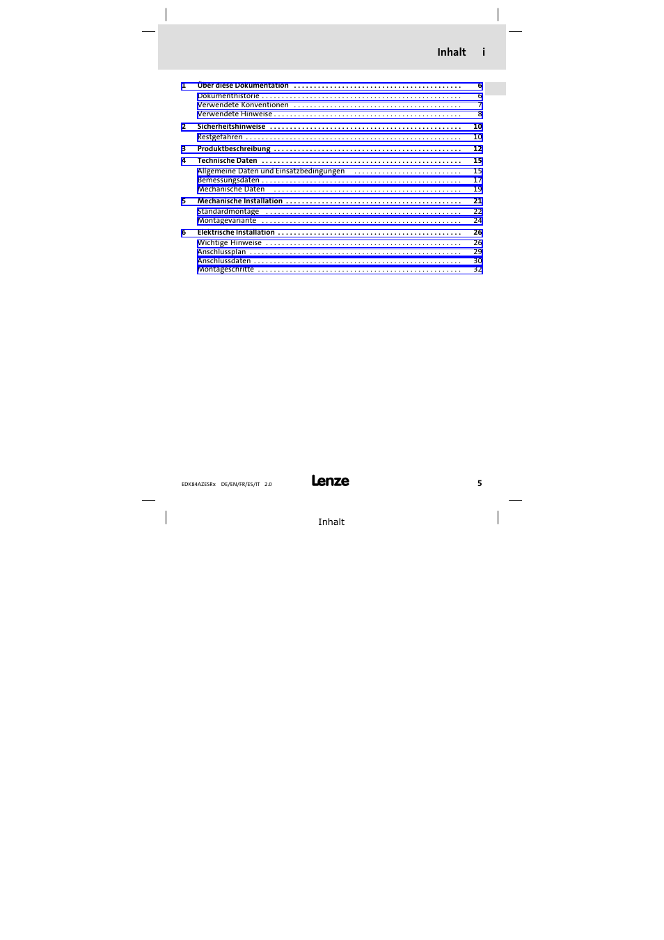 Inhalt, Inhalt i | Lenze E84AZESR RFI filter 3-29A User Manual | Page 5 / 154