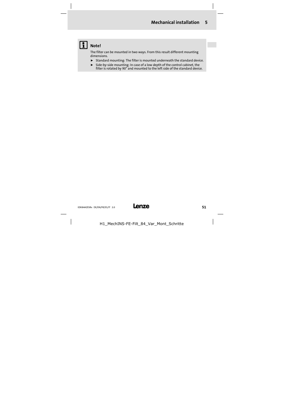 5 mechanical installation, Mechanical installation, Mechanical installation 5 | Lenze E84AZESR RFI filter 3-29A User Manual | Page 51 / 154